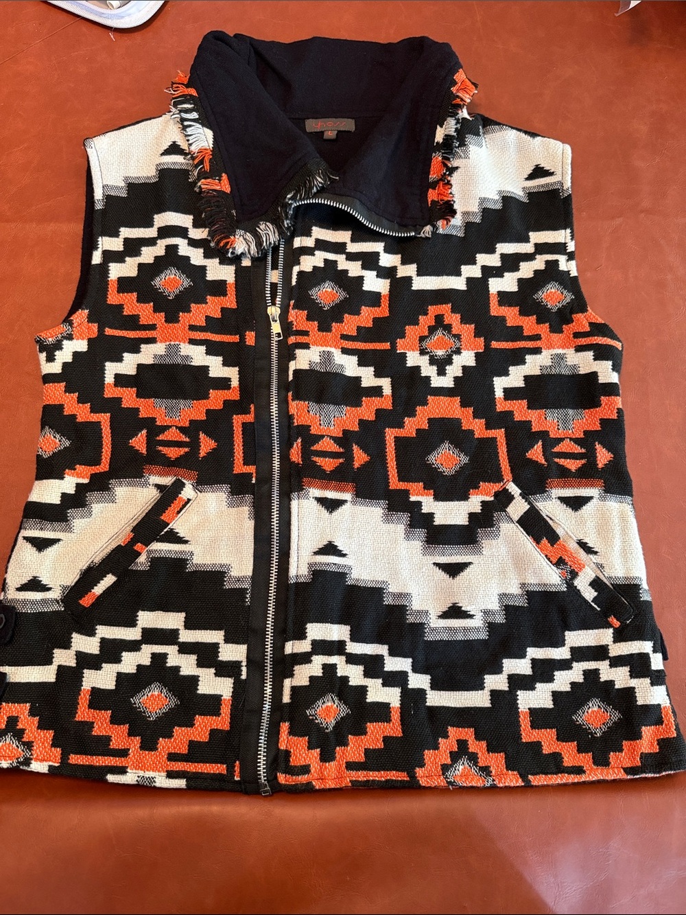 Southwestern Pattern Zip Vest in Black, White & Orange Imported from Spain